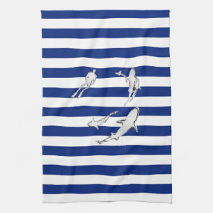 Chrome Like Diver and Sharks on Nautical Stripes Theedoek