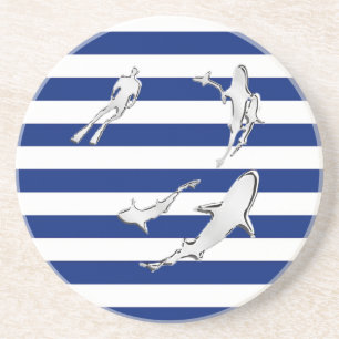 Chrome Like Diver and Sharks on Nautical Stripes Zandsteen Onderzetter