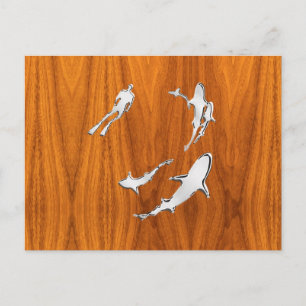 Chrome like Diver with Sharks on Teak Veneer Briefkaart