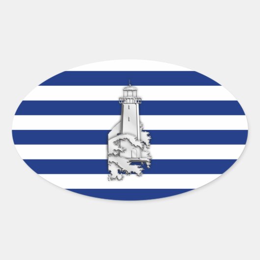 Chrome like Lighthouse on Nautical Stripes Ovale Sticker (Voorkant)