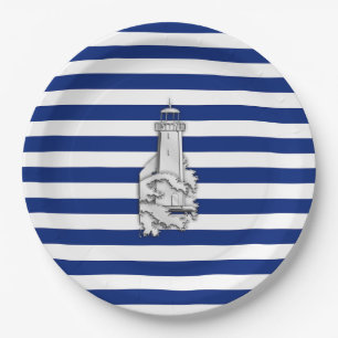 Chrome like Lighthouse on Nautical Stripes Papieren Bordje