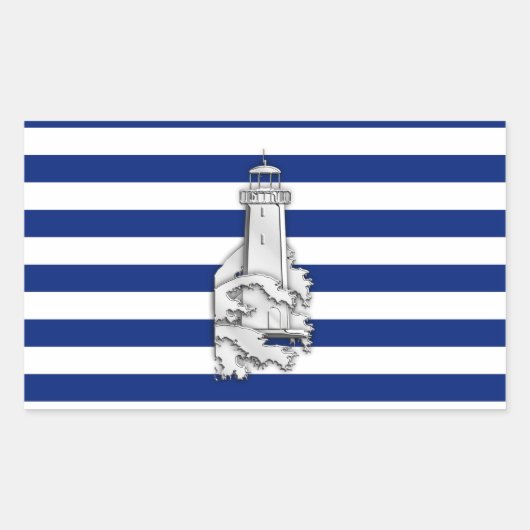 Chrome like Lighthouse on Nautical Stripes Rechthoekige Sticker (Voorkant)
