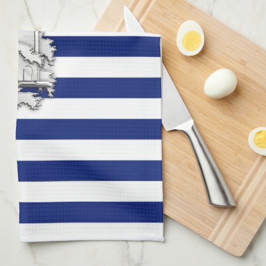 Chrome like Lighthouse on Nautical Stripes Theedoek (Quarter Fold)