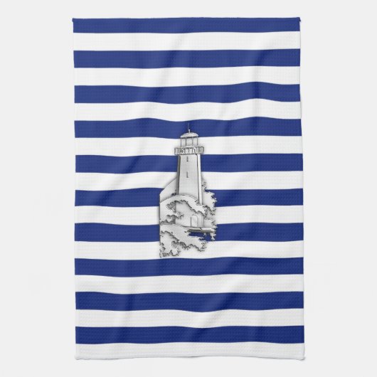 Chrome like Lighthouse on Nautical Stripes Theedoek (Verticaal)