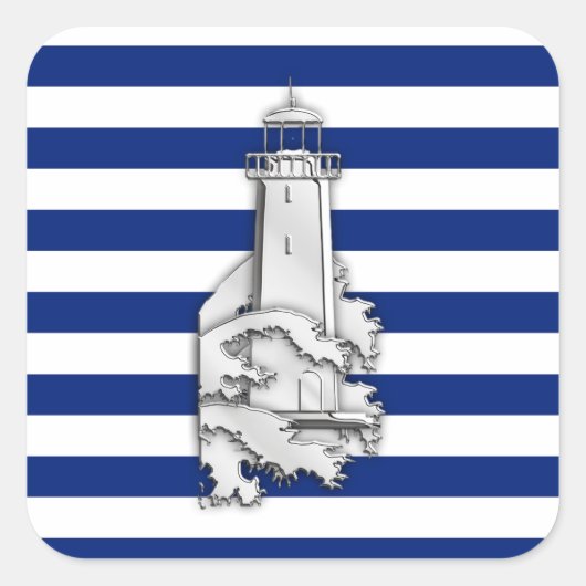 Chrome like Lighthouse on Nautical Stripes Vierkante Sticker (Voorkant)