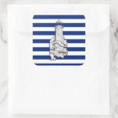Chrome like Lighthouse on Nautical Stripes Vierkante Sticker (Tas)