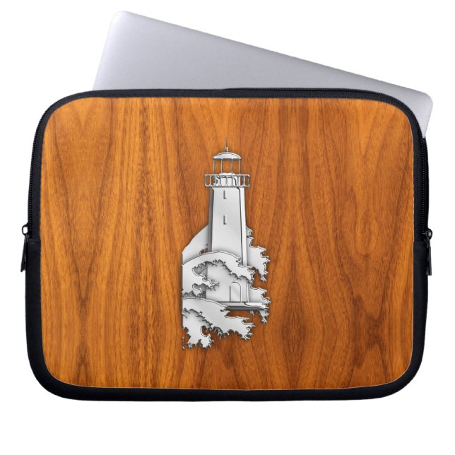 Chrome Like Lighthouse on Teak Wood Laptop Sleeve (Voorkant)