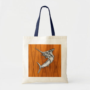 Chrome like Marlin on Teak Wood Grain Decor Tote Bag