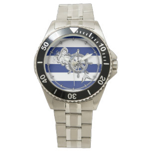 Chrome like Mermaid on Nautical Stripes Horloge