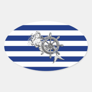 Chrome like Mermaid on Nautical Stripes Ovale Sticker