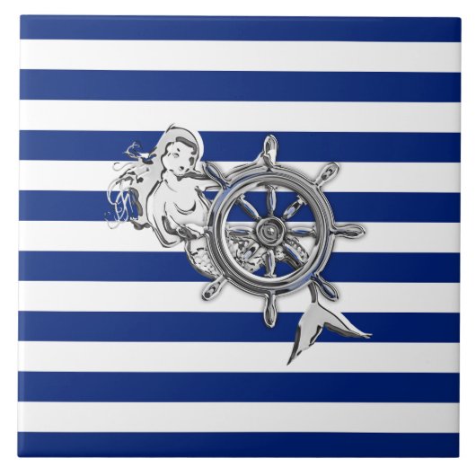 Chrome like Mermaid on Nautical Stripes Tegeltje (Voorkant)