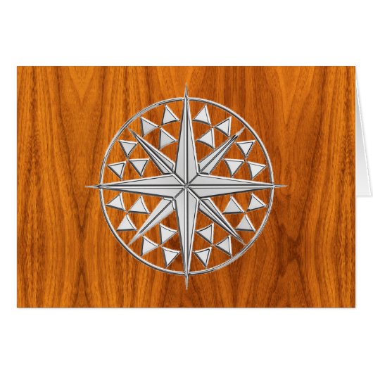 Chrome like Nautical Compass Star op Teak Veneer (Voorkant Horizontaal)