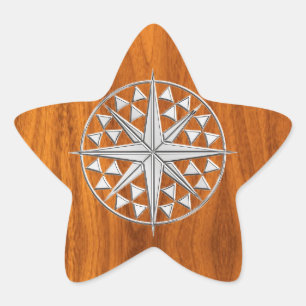 Chrome like Nautical Compass Star op Teak Veneer Ster Sticker