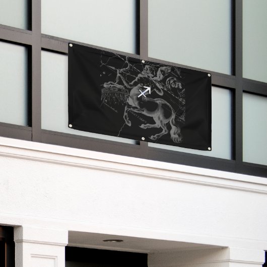 Chrome like Sagittarius Sign on Black Hevelius Spandoek (Buitenkant Gebouw)