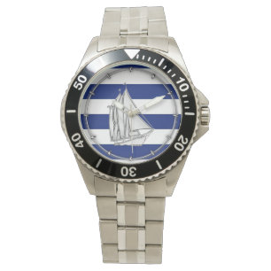 Chrome like Sailboot on Nautical Stripes Horloge