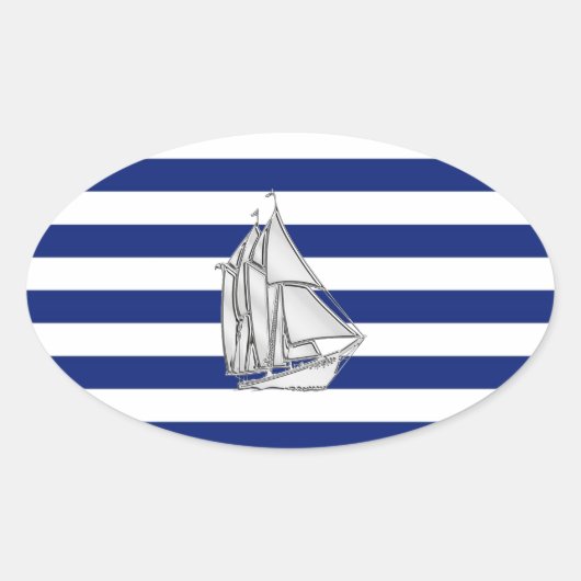 Chrome like Sailboot on Nautical Stripes Ovale Sticker (Voorkant)