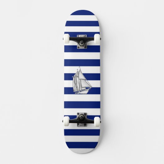 Chrome like Sailboot on Nautical Stripes Skateboard (Voorkant)