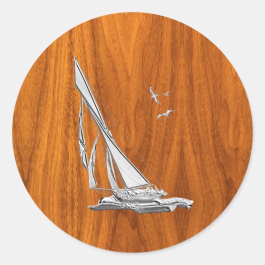 Chrome like Sailboot on Teak Veneer Ronde Sticker (Voorkant)