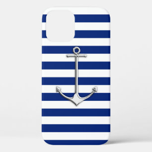 Chrome Like Thin Anchor on Nautical Stripes Decor iPhone 12 Hoesje