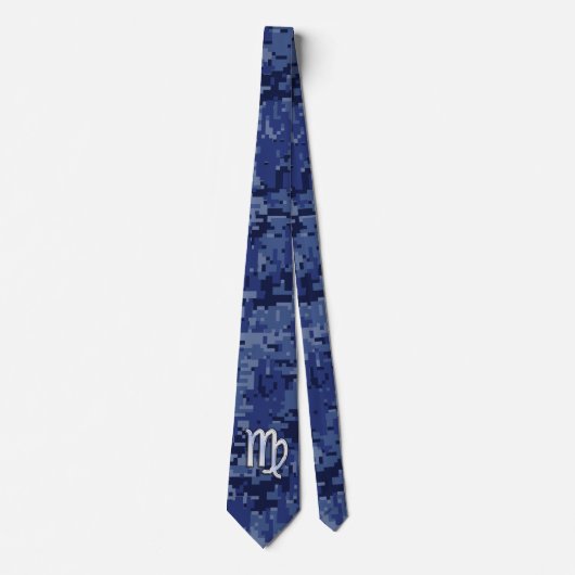 Chrome like Virgo Zodiac Sign on Blue Digital Camo Stropdas (Voorkant)