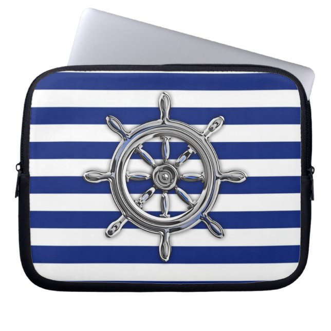 Chrome like wiel op Navy Stripes Laptop Sleeve (Voorkant)