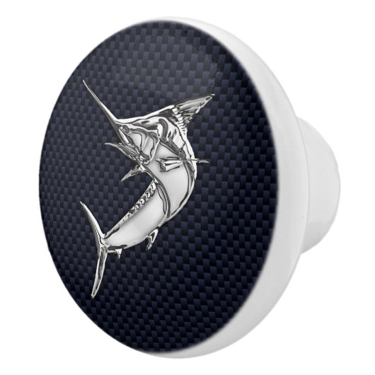 Chrome Marlin Fish on Navy Carbon Print Keramische Knop (Rechts)