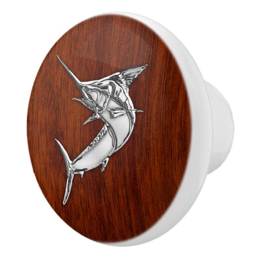 Chrome Marlin Fish op Mahogany Grain Print Keramische Knop (Rechts)