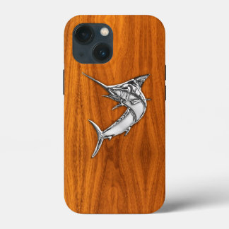 Chrome Marlin Fish op Teak Veneer Print iPhone 13 Mini Hoesje