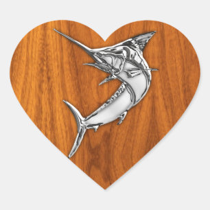 Chrome Marlin op Teak Wood Hart Sticker