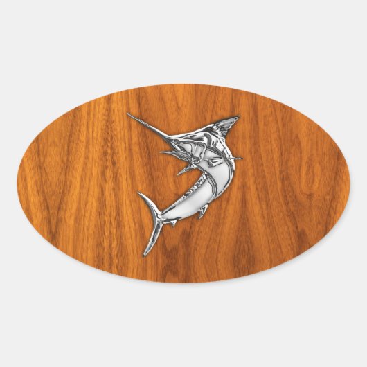 Chrome Marlin op Teak Wood Ovale Sticker (Voorkant)