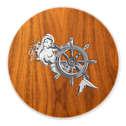 Chrome Mermaid on Nautical Teak Wood Grain Print Keramische Knop (Voorkant)