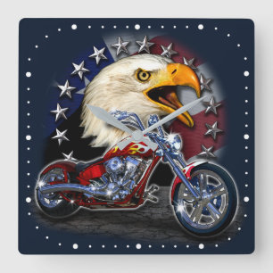 Chrome Motorcycle Chopper Patriotic Eagle USA Flag Vierkante Klok
