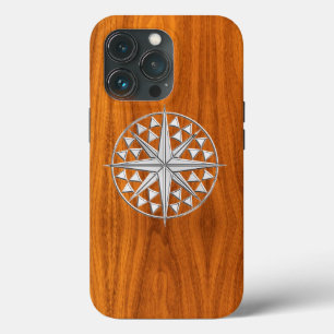 Chrome Nautical Compass op Teak Veneer Print iPhone 13 Pro Hoesje