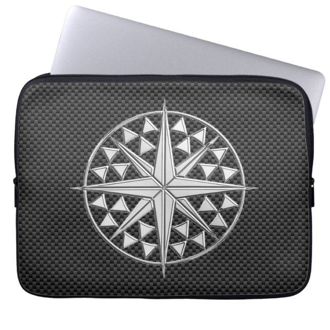 Chrome Nautical Star op koolstofvezel Laptop Sleeve (Voorkant)