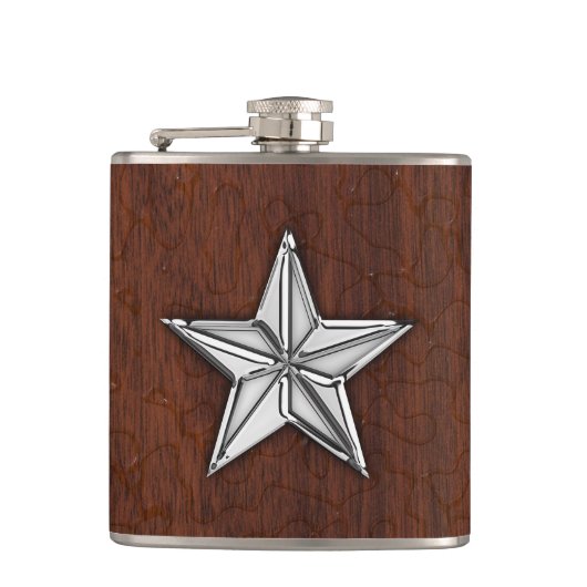 Chrome Nautical Star op natte mahogany Print Heupfles (Voorkant)