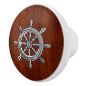 Chrome Nautical Wheel Mahogany Grain Print Keramische Knop (Rechts)