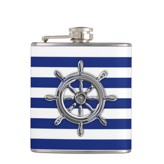 Chrome Nautical Wheel op Navy Stripes Heupfles (Voorkant)