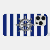 Chrome Nautical Wheel op Navy Stripes iPhone Hoesje (Achterkant horizontaal)