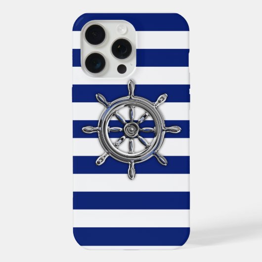 Chrome Nautical Wheel op Navy Stripes iPhone Hoesje (Achterkant)