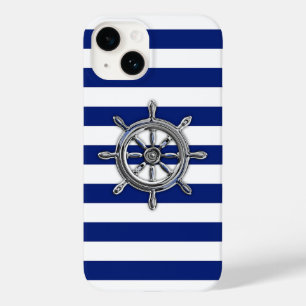 Chrome Nautical Wheel Print op Navy Stripes Case-Mate iPhone 14 Hoesje