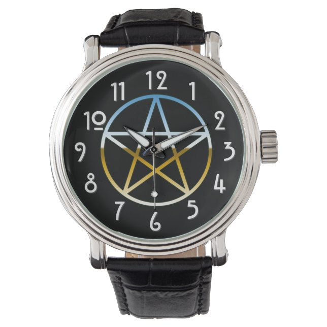 Chrome pentacle op zwart horloge (Voorkant)