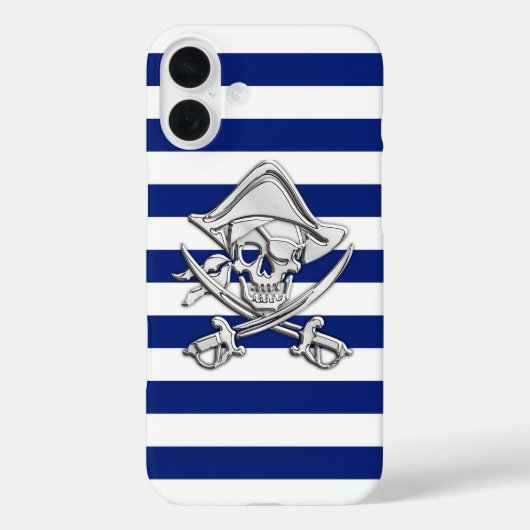 Chrome Piraat Kruisbeenderen op Marine Strepen Case-Mate iPhone Case (Achterkant)