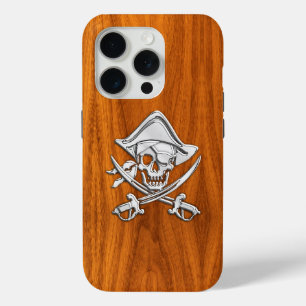 Chrome Pirate Crossbones op Teak Wood iPhone 15 Pro Case