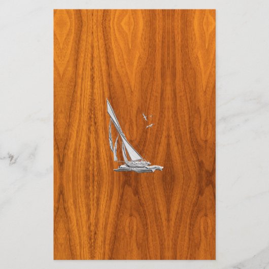 Chrome Regatta Sailboot op Teak Veneer Styles Briefpapier (Voorkant)