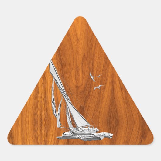 Chrome Regatta Sailboot op Teak Veneer Styles Driehoek Sticker (Voorkant)