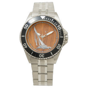 Chrome Regatta Sailboot op Teak Veneer Styles Horloge