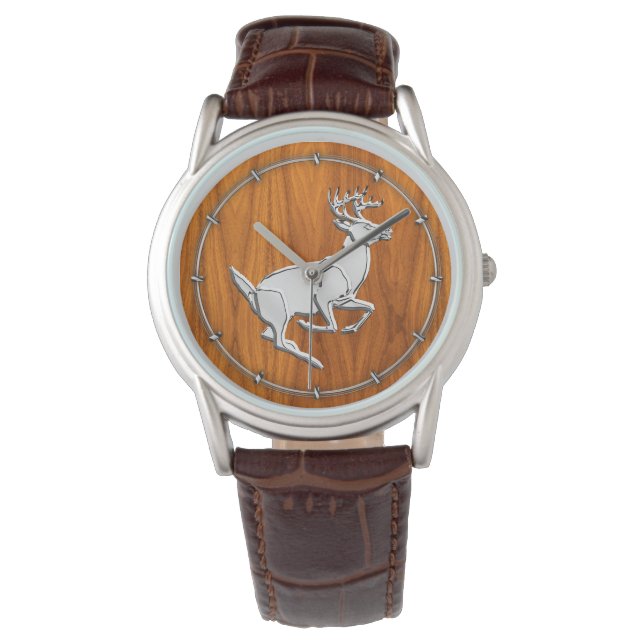 Chrome Running Deer op Fine Teak Print Horloge (Voorkant)