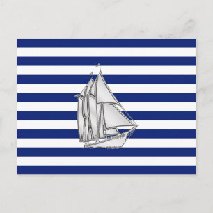Chrome Sailboat on Nautical Stripes Briefkaart
