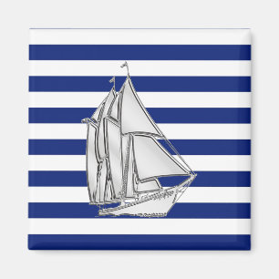 Chrome Sailboat on Nautical Stripes Magneet