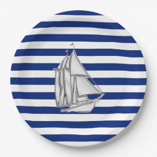 Chrome Sailboat on Nautical Stripes Papieren Bordje